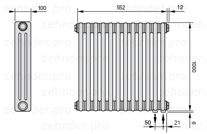 Схема (чертеж) Радиатор Zehnder Charleston 3100/12 №5510 Белый глянцевый RAL 9016